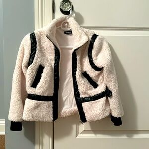 Girls White Fleecee Jacket with Pleather Statements